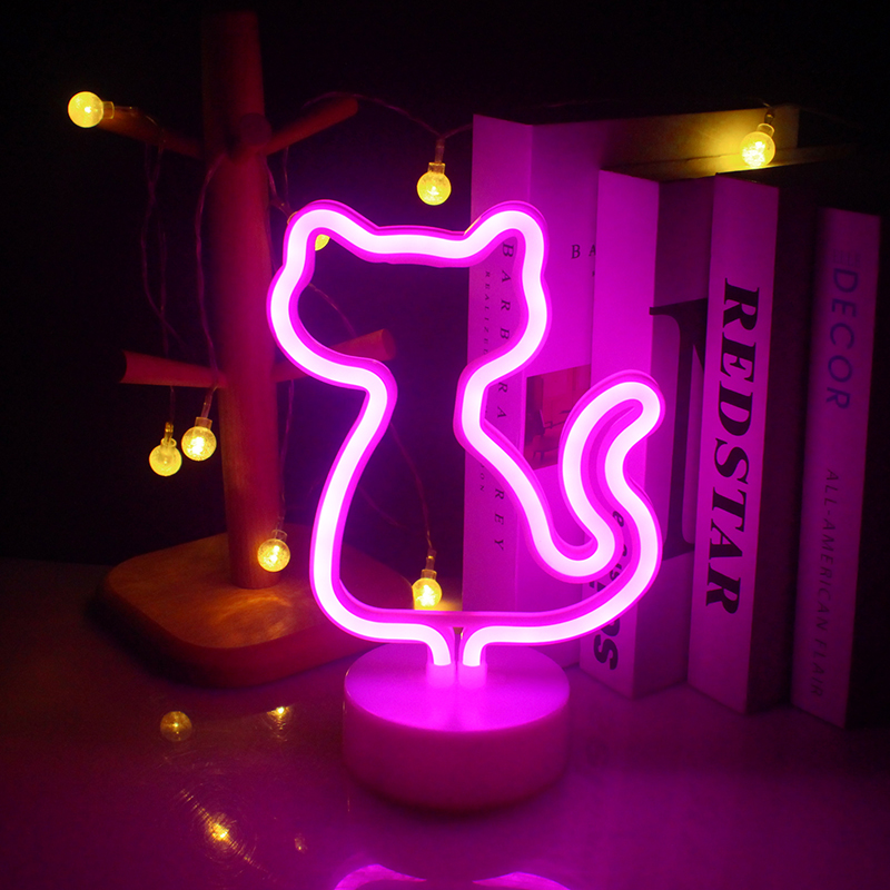 Wanxing Led Neon Sign Light Pink Cat Shaped Kawaii Room Decoration USB/Battery Supply Neon Lamp With Base For Shop Xmas