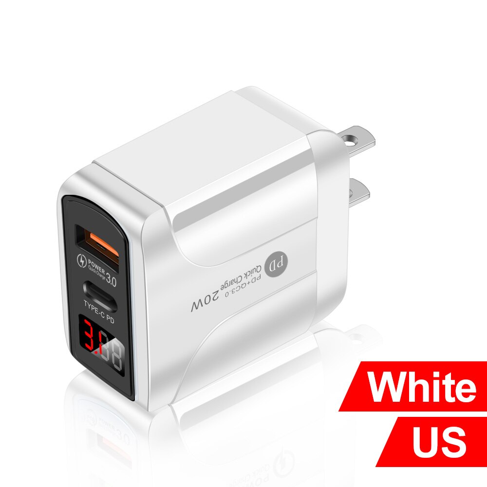 Quick Charge 3.0 Qc Dual Usb Pd USB-C Oplader Digitale Display Fast Charger Voor Iphone 12 7 Xiaomi Samsung Huawei muur Laders: US White