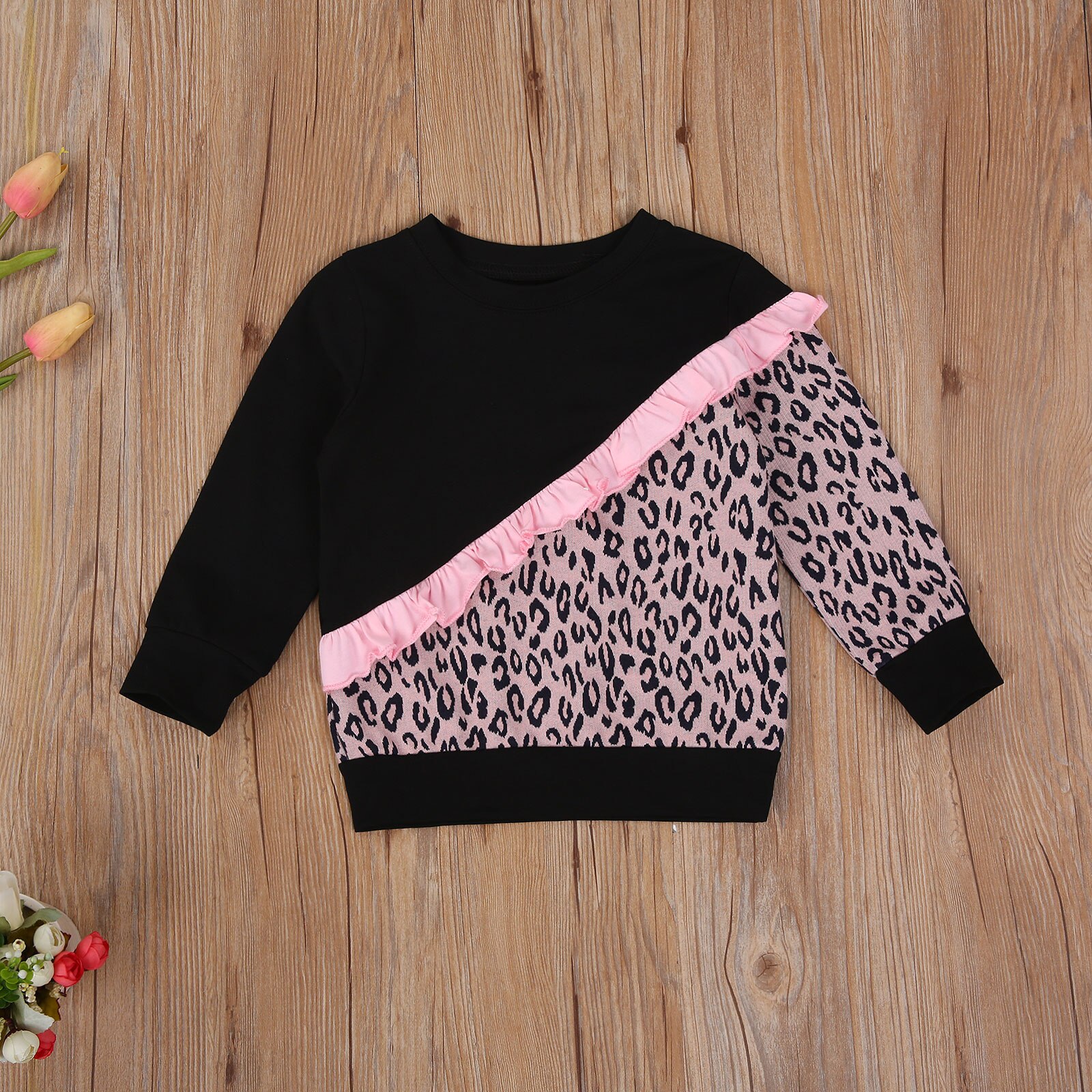 enfant en bas âge Bébé Fille Vêtements À Manches Longues Col rond Léopard Patchwork Volants Hauts Pullover Pulls Décontractés Bébé Mignon