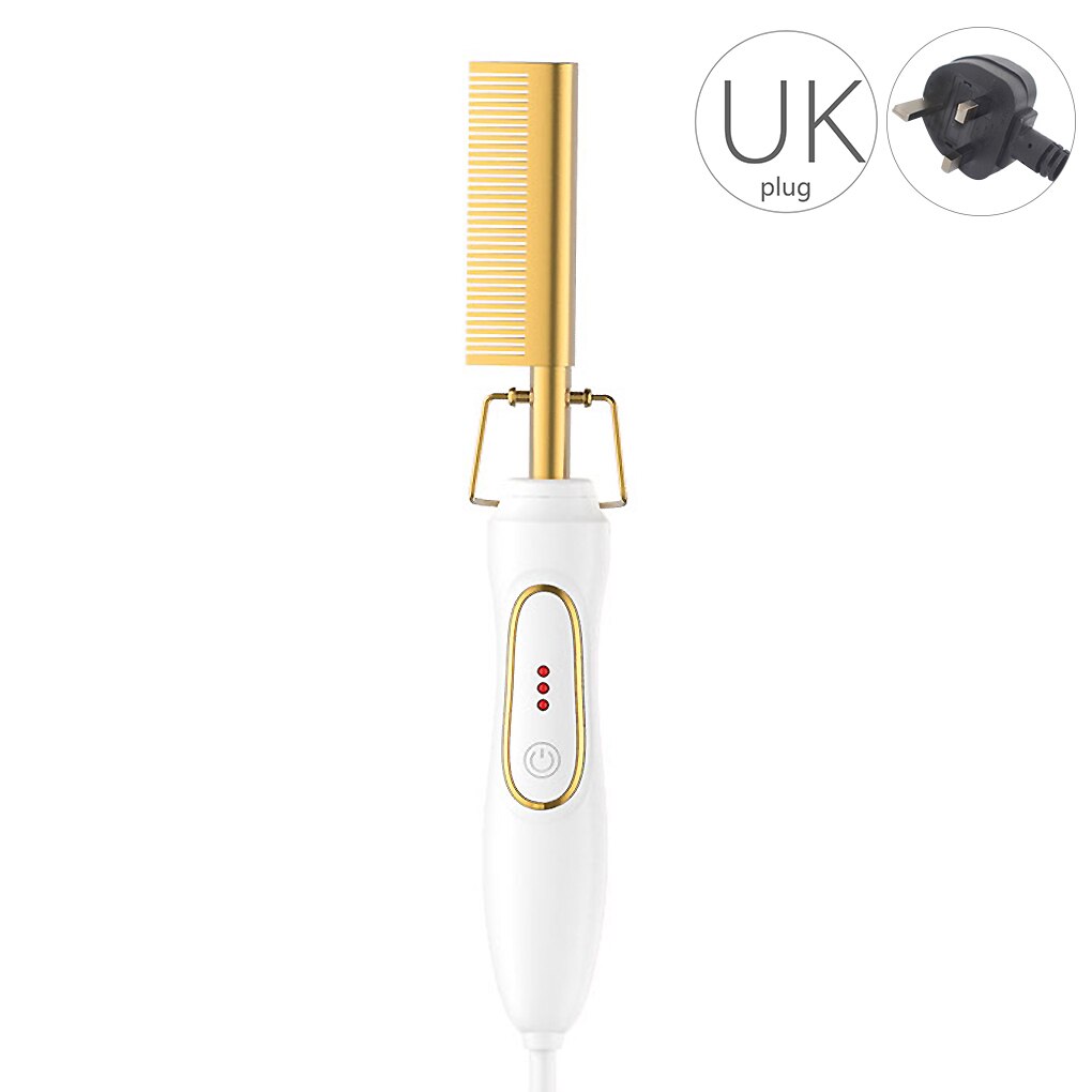 Multifunction Hair Straightener Flat Irons Wet Dry Use Brush Comb Heating Hair Straight Styler Curling Iron Hair Curler Comb: UK Plug White