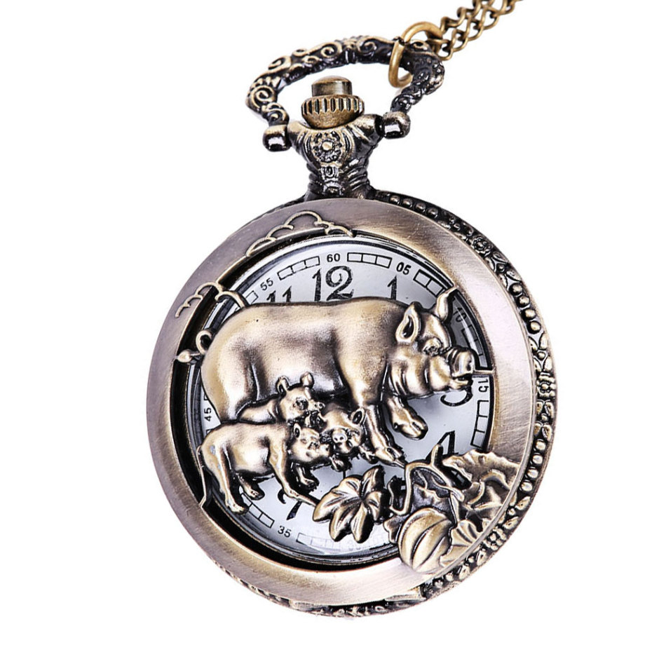 Chinese Antique Twelve Animals Pocket Watch Round Mirror Men Women Pig Animal Antique Pocket Watch Alloy Quartz Pocket Watch