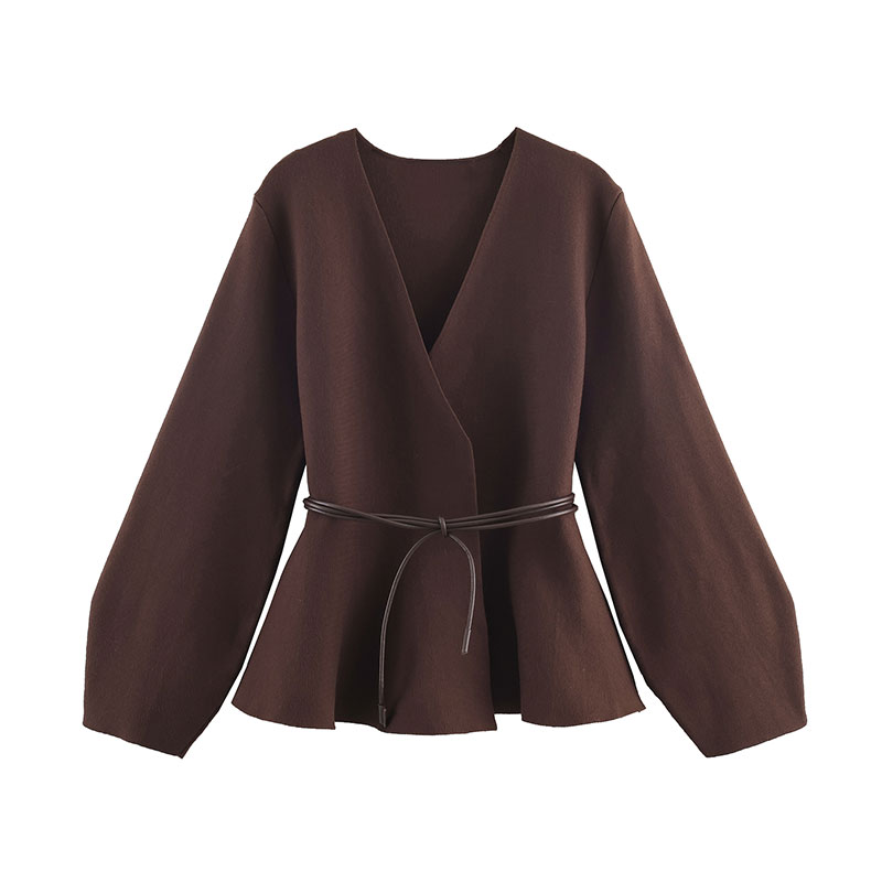 Chique herfstjas Casual 2025, gebreide dames, bruine vintage jassen, jas, V-hals, riem, jas, chique, elegante vrouwelijke uitloper: L