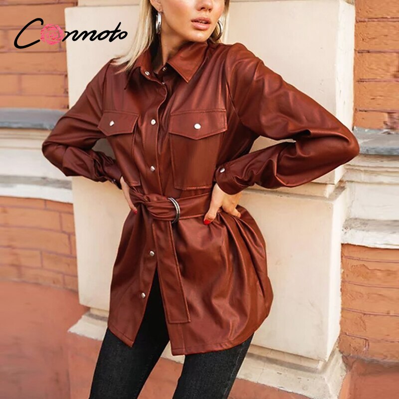 Conmoto Jahrgang PU leder bluse frauen mit gürtel Kausalen Turndown kragen Spitzen Herbst Winter schick tasche Shirt Dame: Braun / L
