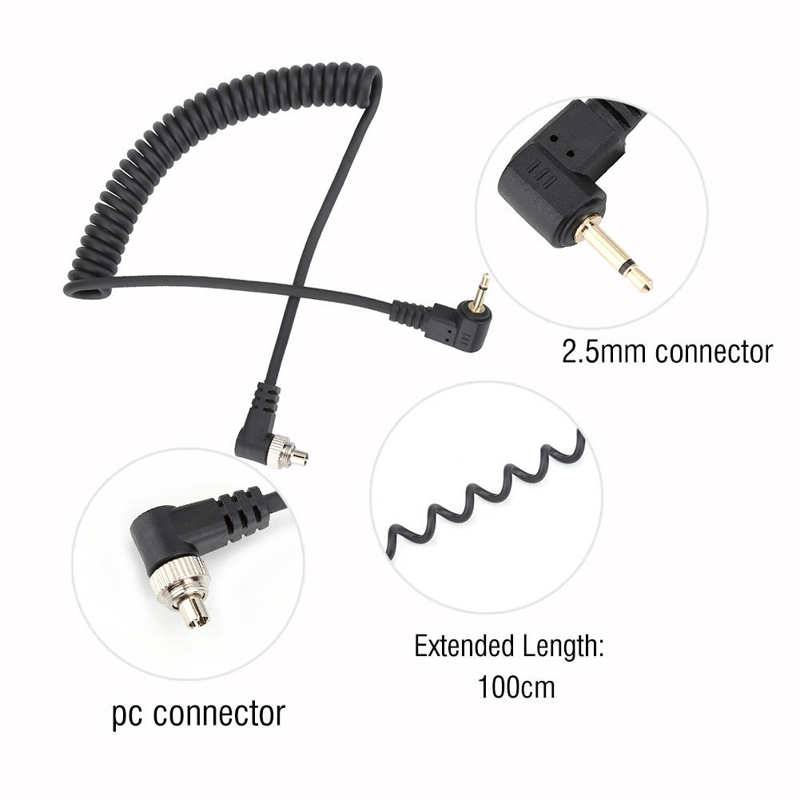 2.5Mm Naar Male Flash Pc Sync-kabel Snoer Met Screw Lock Verlengd Opgerolde Draad