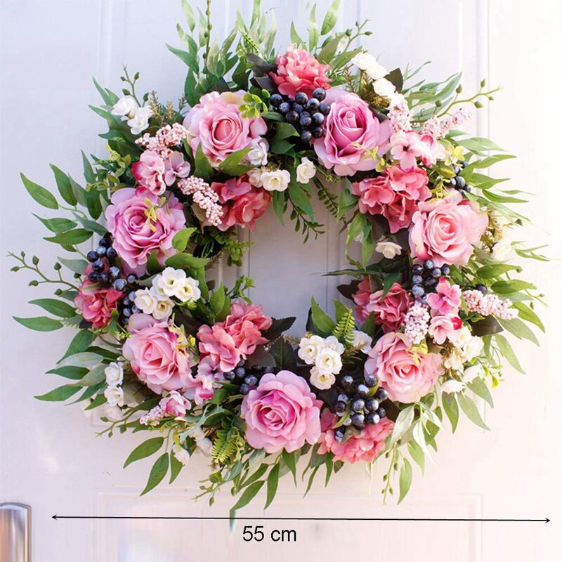 55cm Rose Wreath, Large Rustic Farmhouse Decorative Artificial Flower Wreath, Faux Floral Wreath for Front Door Window Wedding O