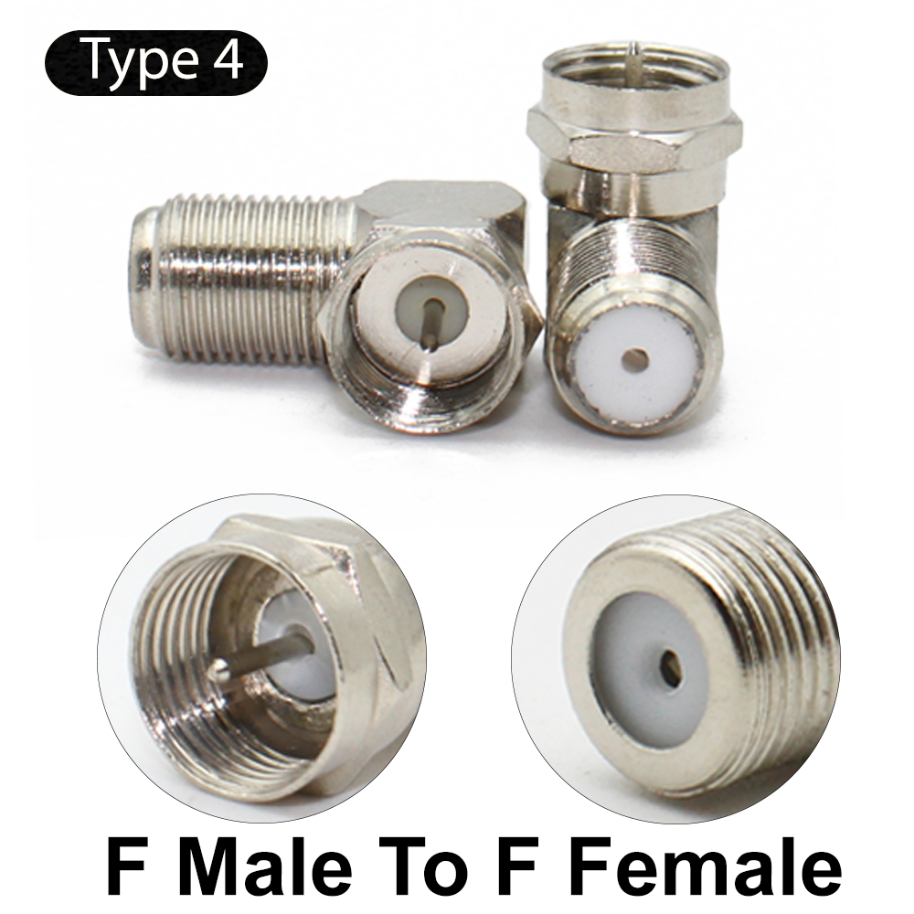 F tv aérea f macho fêmea adaptador ângulo reto rf conector coaxial 3way tipo t divisor cabo antena f combinação: MULTI