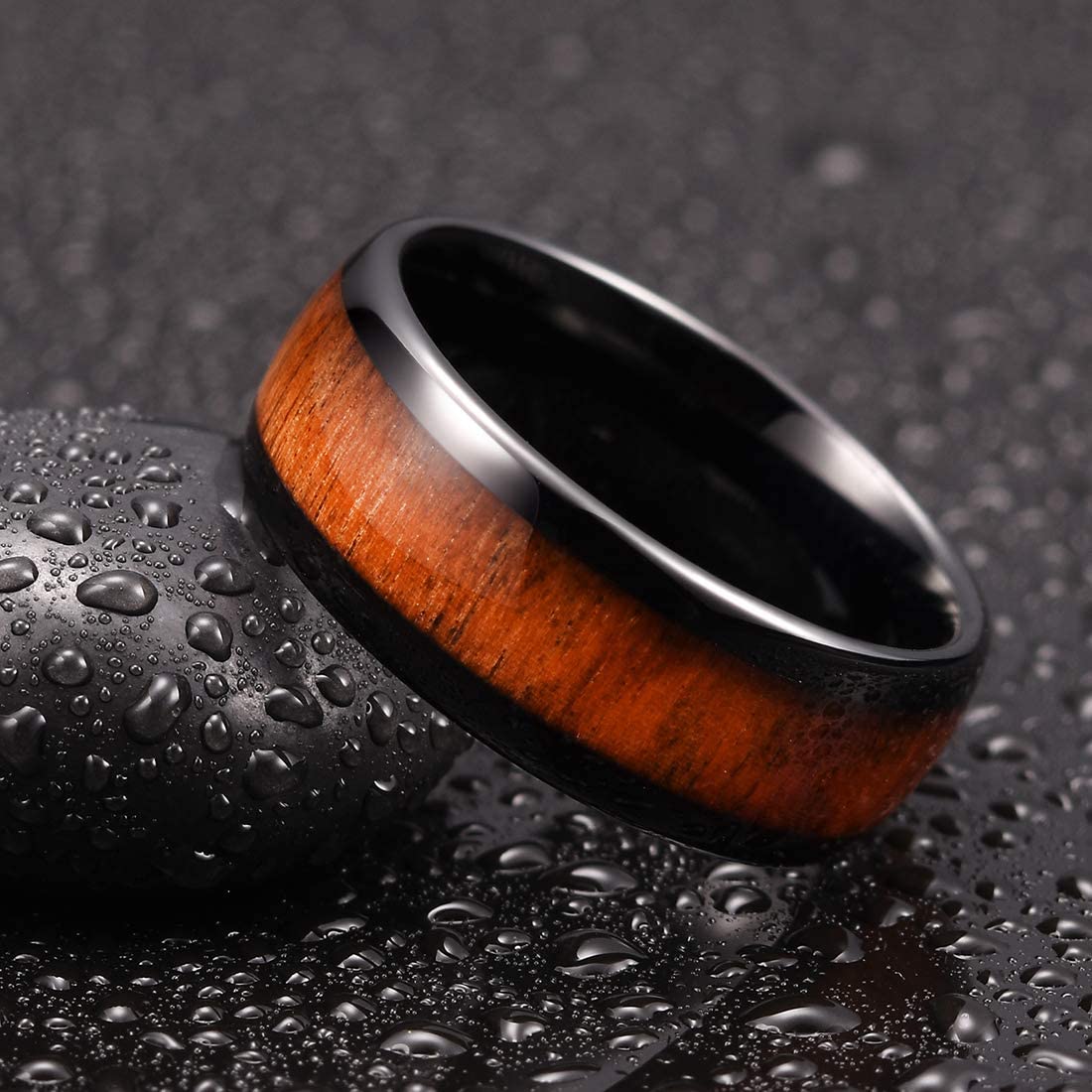 Trendy 8mm Men&#39;s Black Stainless Steel Ring Koa Wood Inlay Dome Engagement Ring For Men Wedding Band Jewelry Size 6-13