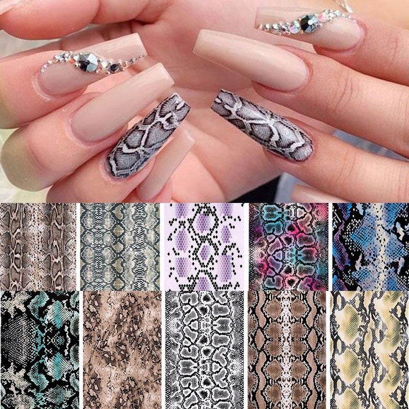 10 Stks/set Nail Art Stickers 3D Snake Skin Nail Folies Nail Transfer Sexy Folie Stickers Zelfklevende Folie Wraps Nail Art decoraties