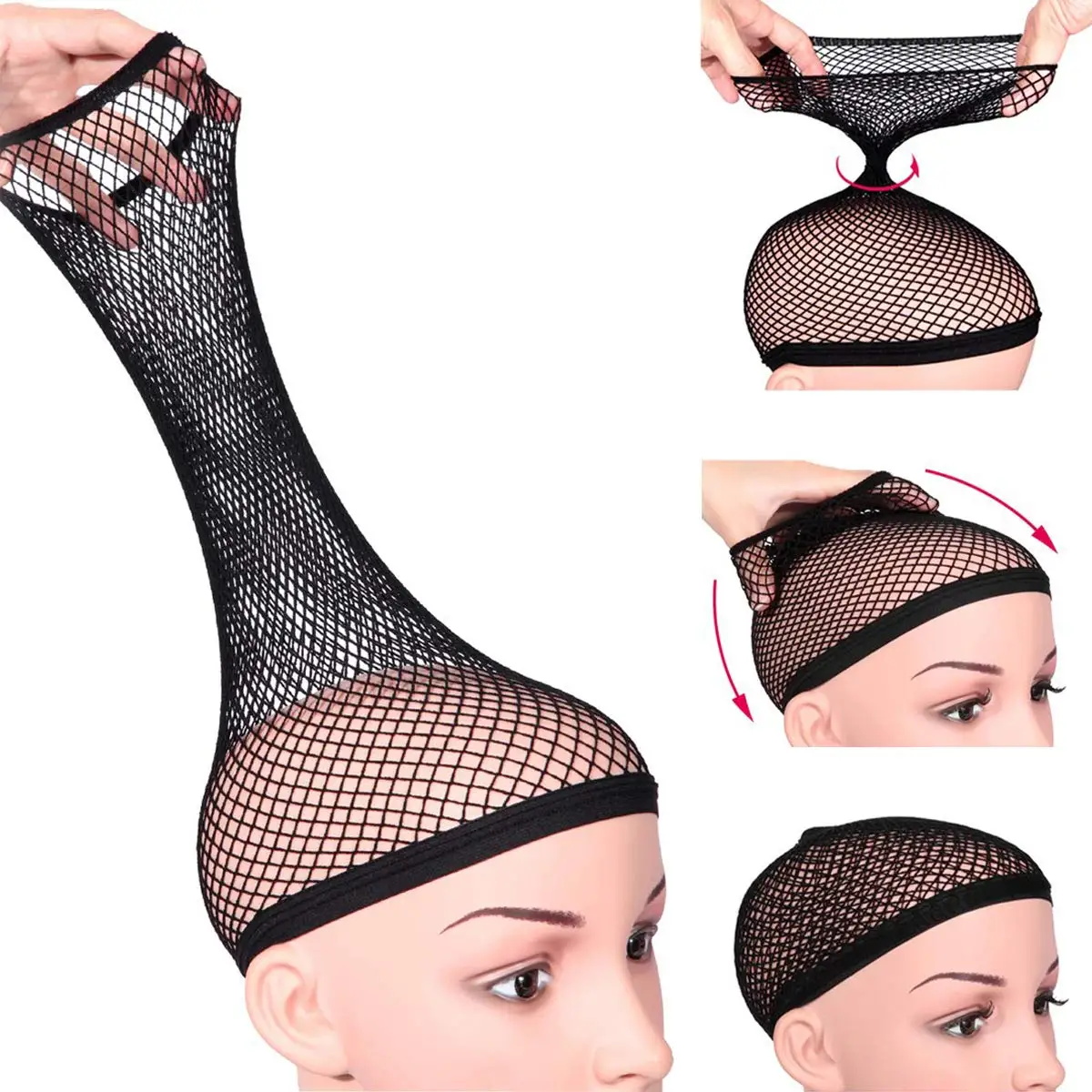 Red elástica para el cabello para mujer, gorro tejido con forro negro, redes para el cabello cómodas, gorro de peluca de rejilla con extremo abierto,