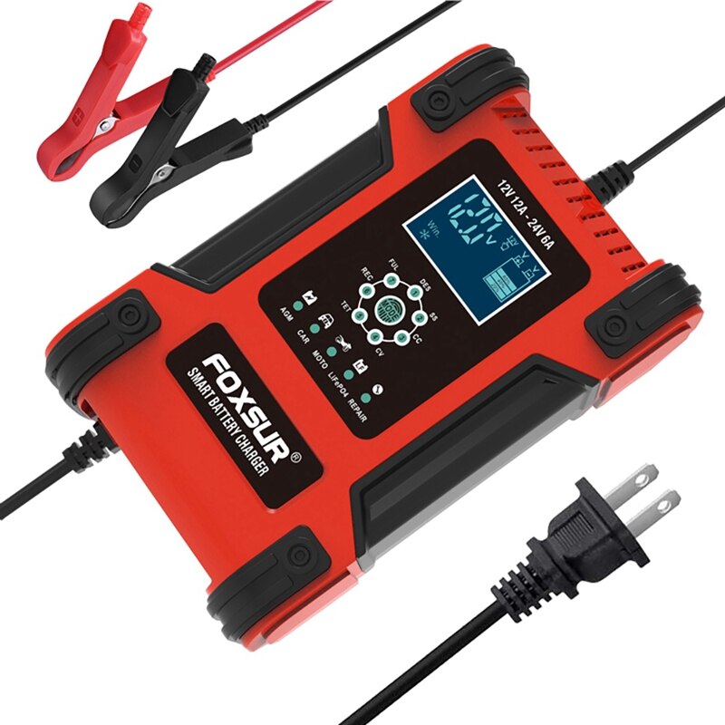 FOXSUR – chargeur de batterie automobile à 7 niveaux, 12V, 12a, 24V, 6a, avec écran LCD, pour voiture, moto, bateau: Beige