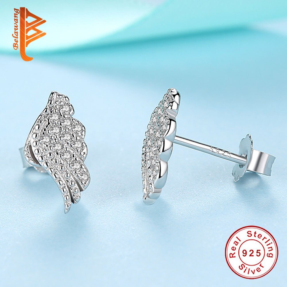 BELAWANG Mode Zirconia Stud Oorbellen Voor Vrouwen Veer Vleugels 925 Sterling Zilveren Oorbellen Wedding Party Sieraden