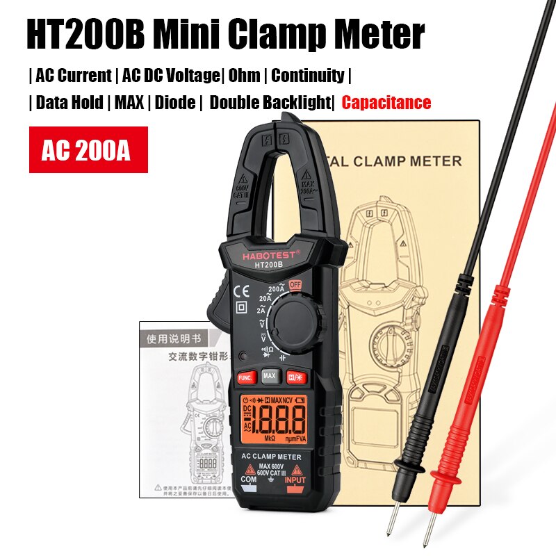 HABOTEST-Mini multímetro de pinza manual serie HT200, AC medidor de pinza Digital, Ohm, capacitancia DC 600V, comprobador de voltaje de rango automático: HT200B