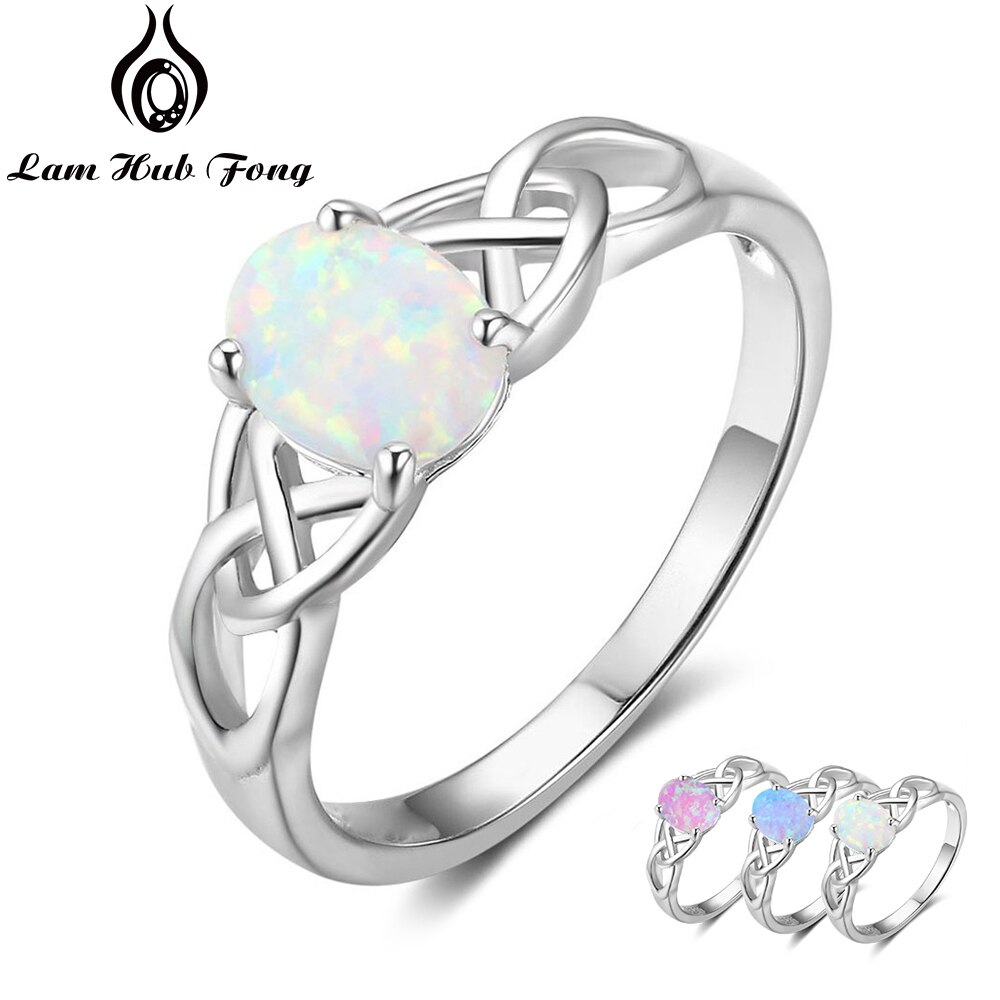 925 Sterling Silver Braided Ring with Oval White Pink Blue Opal Stone Wedding Engagement Rings for Women (Lam Hub Fong)