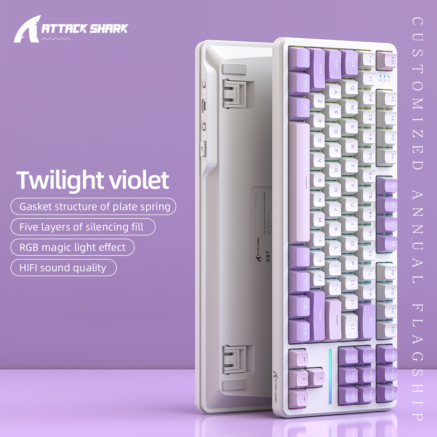 Klawiatura do gier Attack Shark X87 Macro Drive, klawiatura mechaniczna Bluetooth z grawerowaną bokiem półprzezroczystą postacią, RGB, Hot-Swap: Różowy