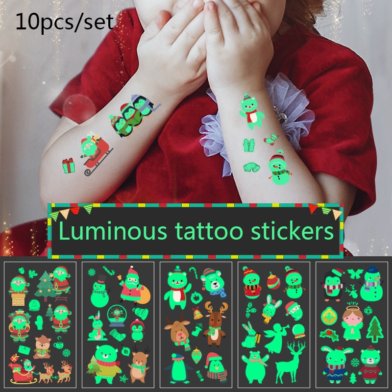 10 Stks/zak Kerst Tattoo Voor Kinderen Glowing Dark Taty Waterdicht Lichtgevende Body Art Tattoo Stickers Body Art Cartoon Tatto