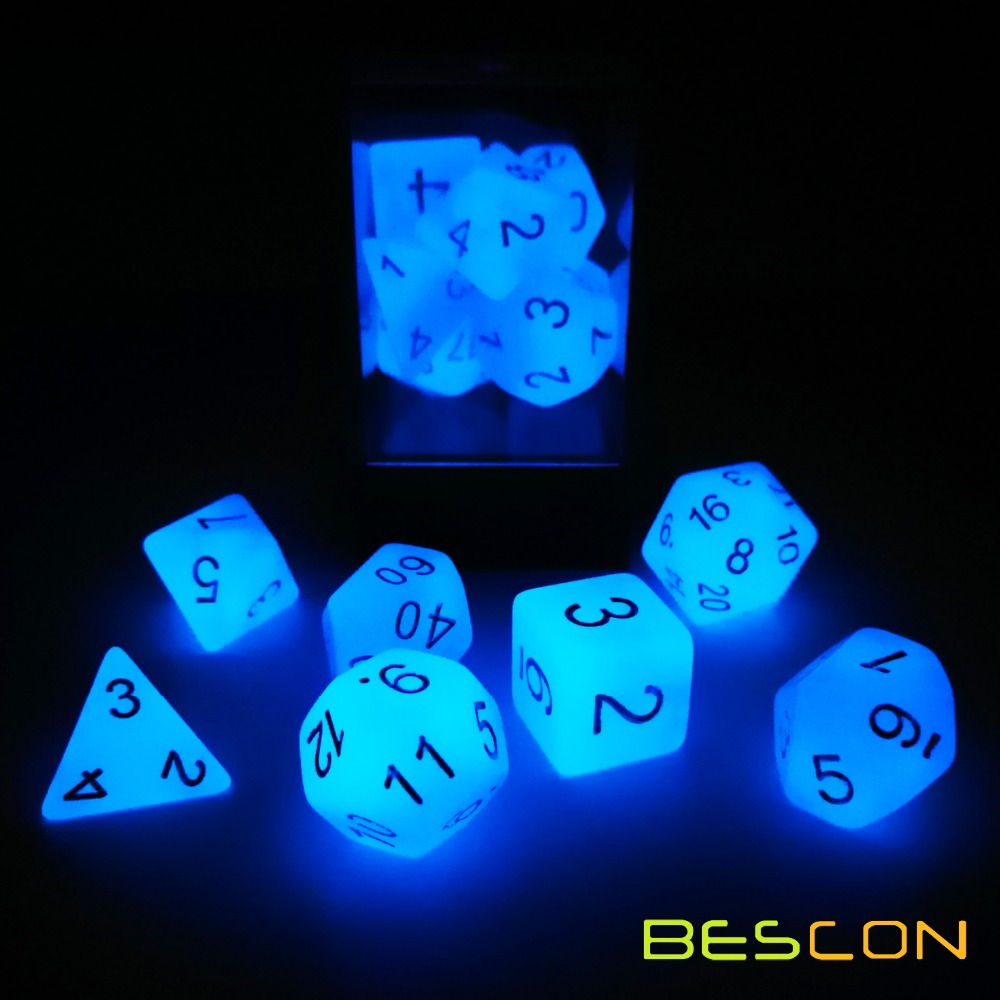 Bescon Gemini Gloeiende Polyhedrale Dobbelstenen 7 Pcs Set Icy Rotsen, lichtgevende Rpg Dobbelstenen Set D4 D6 D8 D10 D12 D20 D %, Bakstenen Doos Verpakking