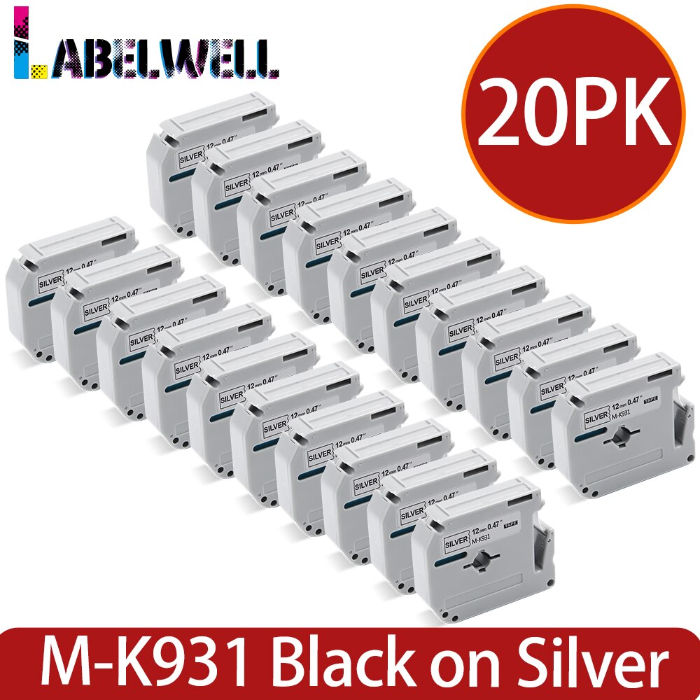 Labelwell 20PK M-K231 MK-231 MK231 431 531 631 Compatible for Brother MK 231 P-touch PT-80 PT-70 PT-60 PT-45M PT-100 Label maker: Black on Silver-20PK