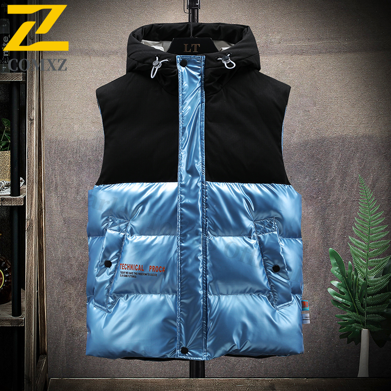 Autumn Winter Men Hooded Cotton Vest Korean Style Trend Thickened Sleeveless Coat Waterproof Windproof Suitable Camping Fishing: XXXL / black