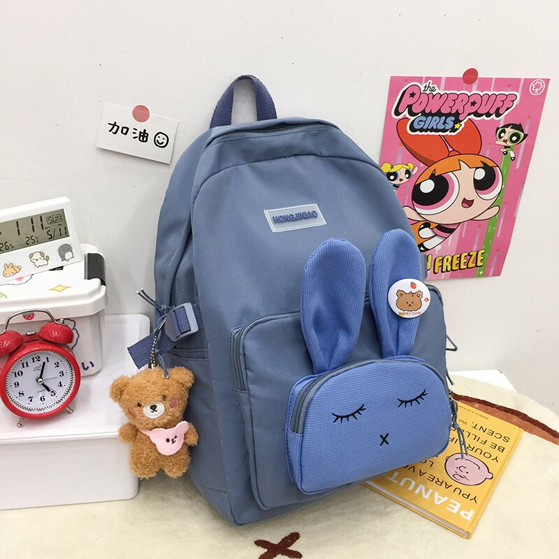 Zaino coniglietto carino da donna 3D zaino da coniglio addormentato impermeabile coreano per zaini animali stile Preppy per studenti adolescenti: Blu / With-Accessories