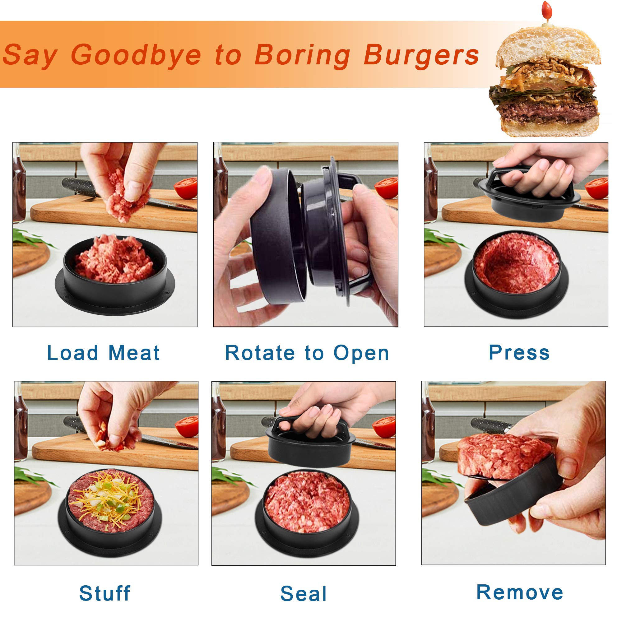 Moldes antiadherentes 3 en 1 para hamburguesas, prensa deslizante para hacer hamburguesas rellenas, utensilios de cocina