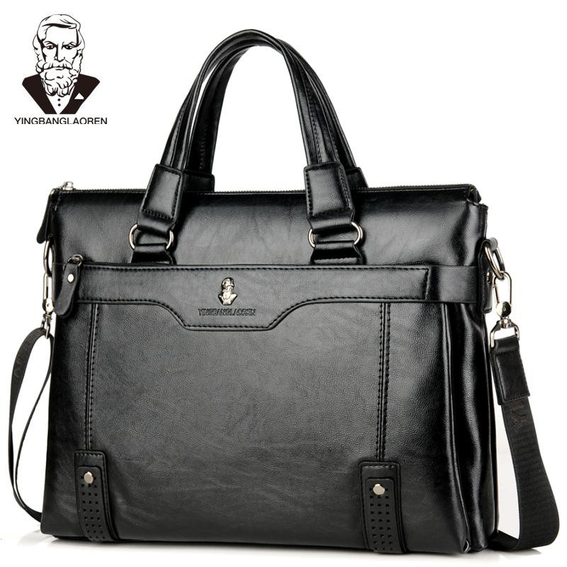 men's leather briefcase vintage business bag handbag men computer messenger bags man shoulder bag postman male Handbags: Black