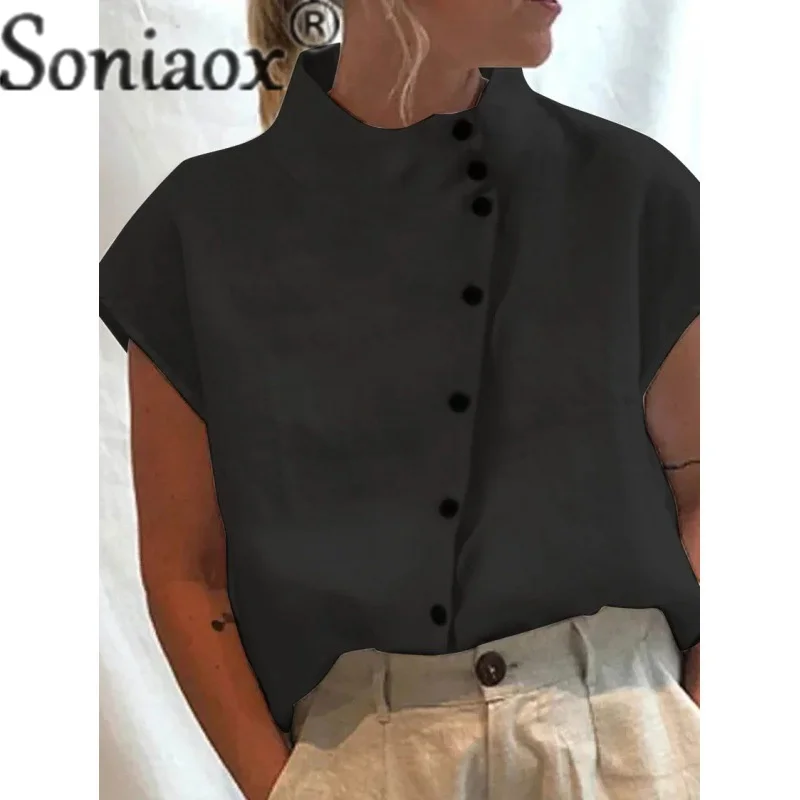 Camisa de lino y algodón con cuello levantado para mujer, cárdigan de estilo Simple con una botonadura, Tops, blusa holgada informal para mujer 2023: XXL / Negro