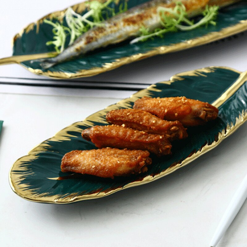 Gold-Plated Ceramic Tray Dark Green Feather Banana Leaf Shape Plate Snack Storage Tray