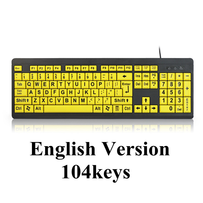 For Students Learn Old Man Style Usb Wired Keyboard With Large Yellow Letters 104 Keys Full Size Keyboard English German Version: Silver