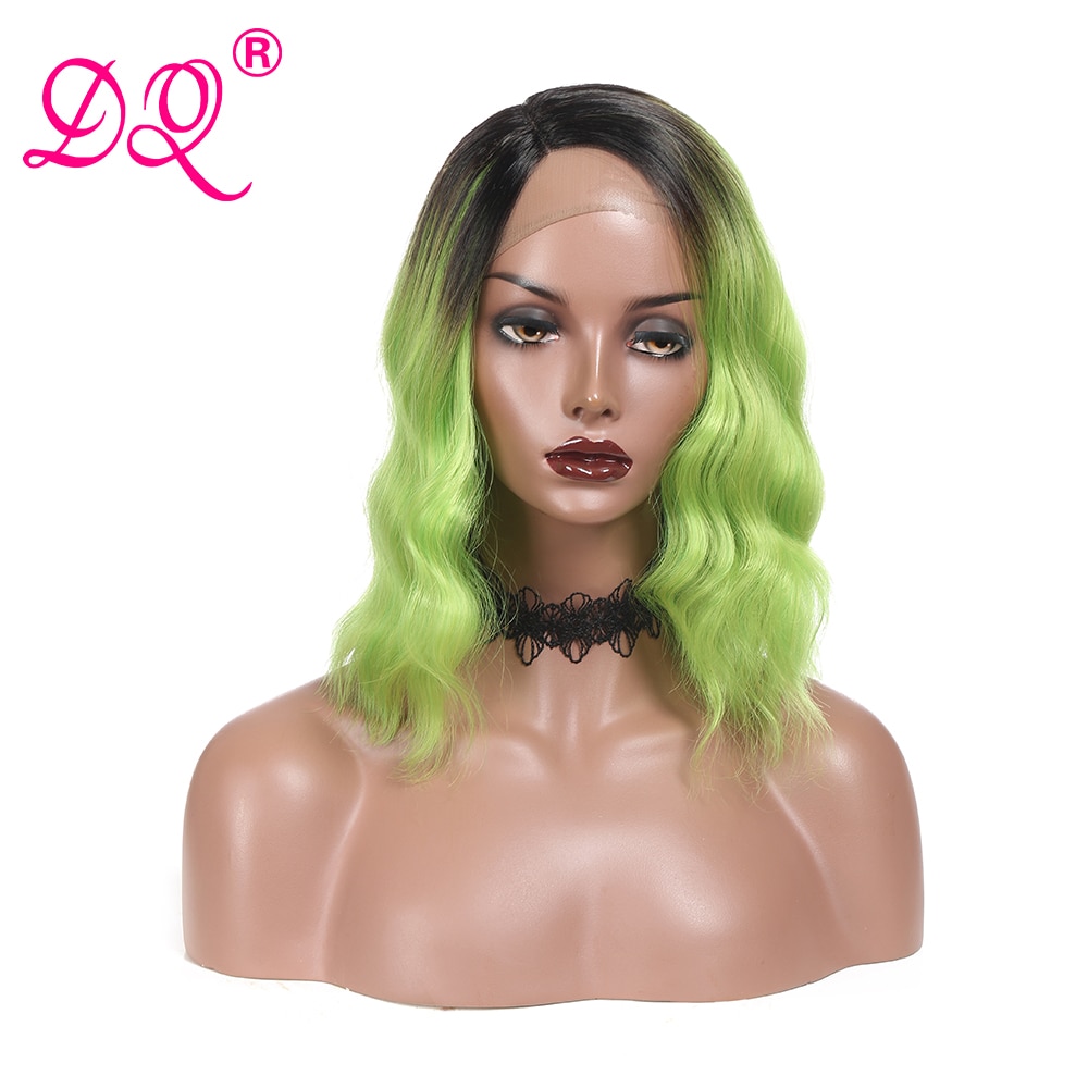 Dq Natuurlijke Golf Synthetische Lace Front Pruik Synthetische Pruik Voor Vrouwen Korte Bob Pruik Cosplay Pruiken Ombre Blonde Groen Paars bruin Pruik