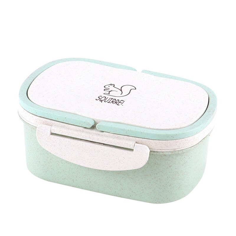 1 Pc Tarwe Stro Dubbele Draagbare Lunchbox Cartoon Student Kind Fruit Scherper Voedsel Magnetron Container Opbergdoos Servies: green