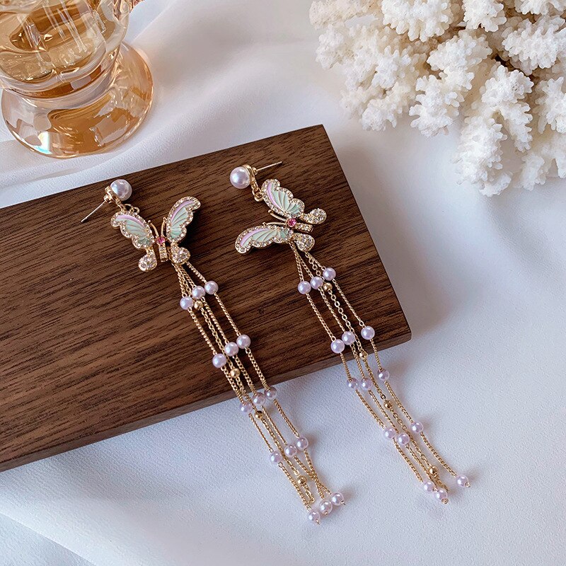 Temperamento barroco pérolas borboleta clipe brincos de luxo strass longo simulado pérolas borla borboleta clip em brincos: pierced ears