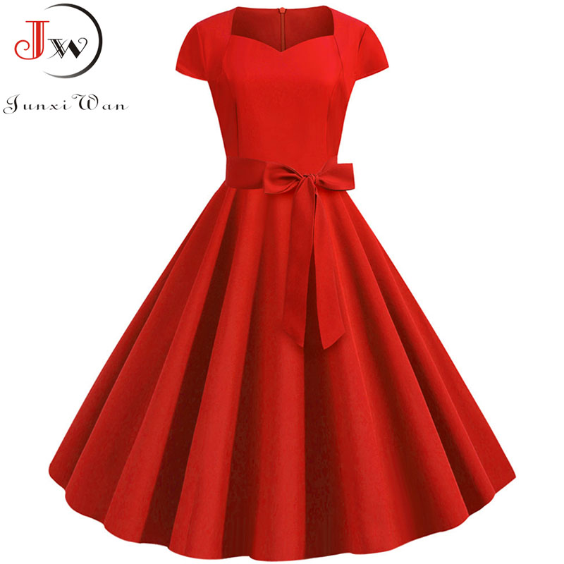 Summer Women's Dress Short Sleeve Solid Vintage Retro Big Swing Office Party Midi Sundress: XXL / SKY BLUE