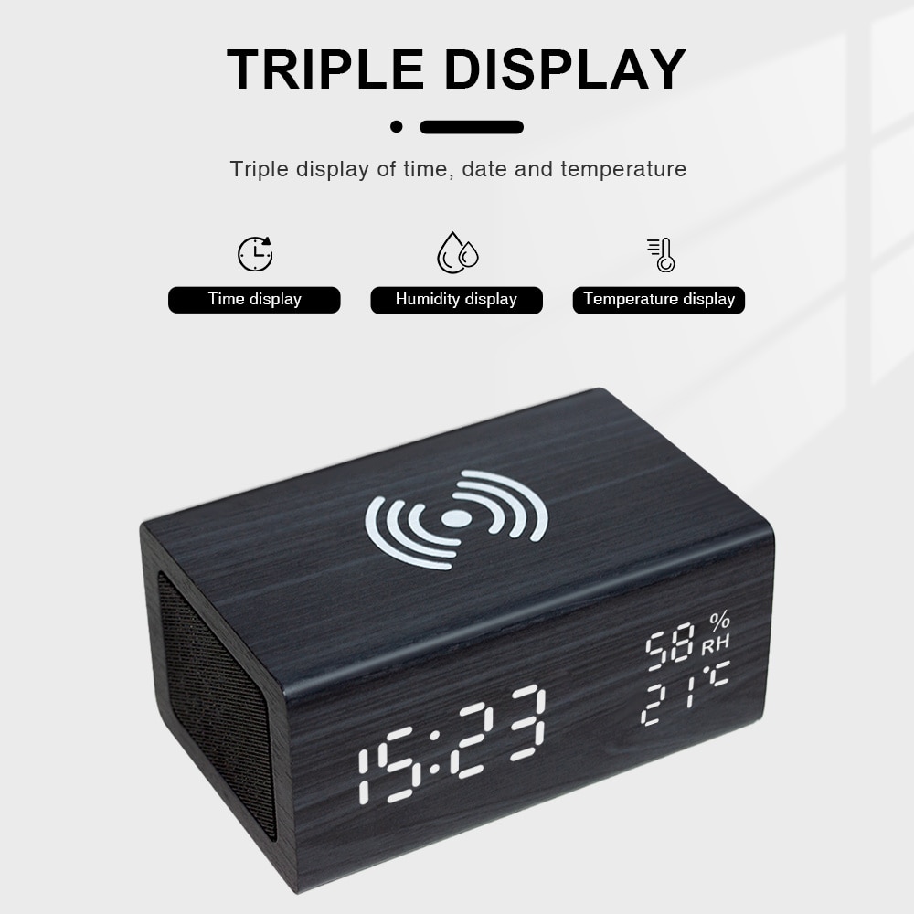 Houten Digitale Wekker Draadloze Oplader Bt Speaker Led Klok Temperatuur Vochtigheid Met Geluid Controle Despertador