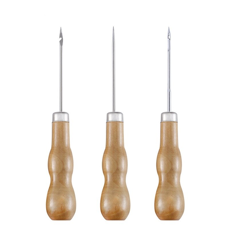 3Pcs Wooden Handle Awls DIY Shoe Repair Hook Tool Stitching Awl For Leather Craft Stitching Sewing Leather Craft Awl Tool