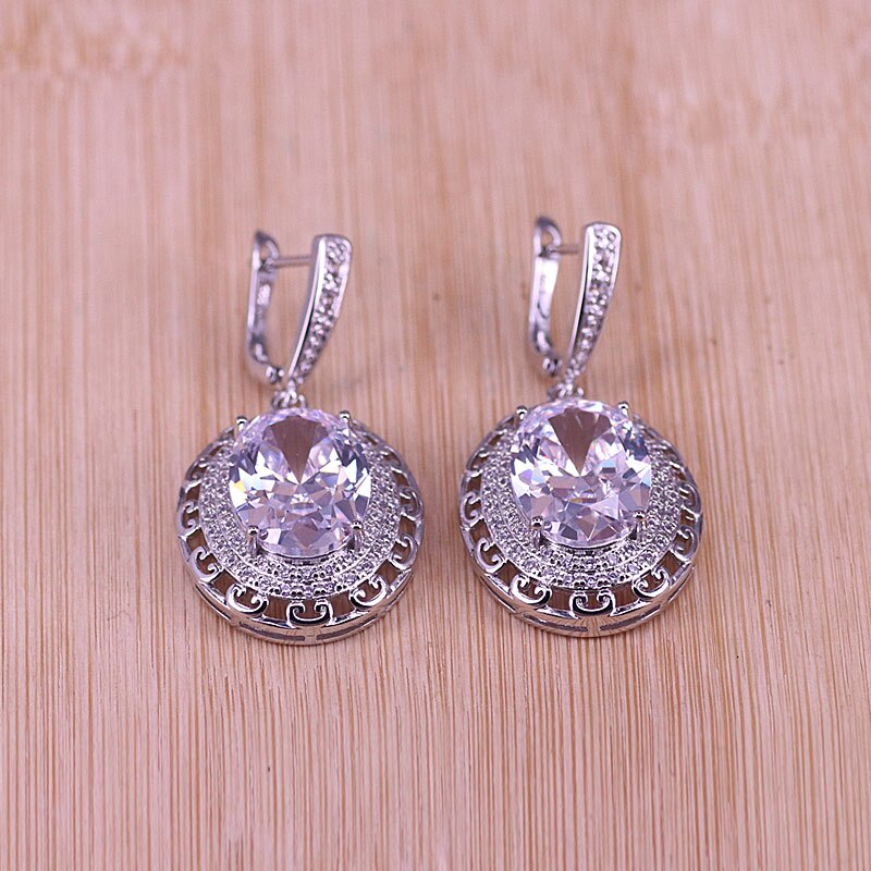 Big White Crystal &Zircon Silver Color Jewelry Earrings Ring With Necklace Set Middle East Style