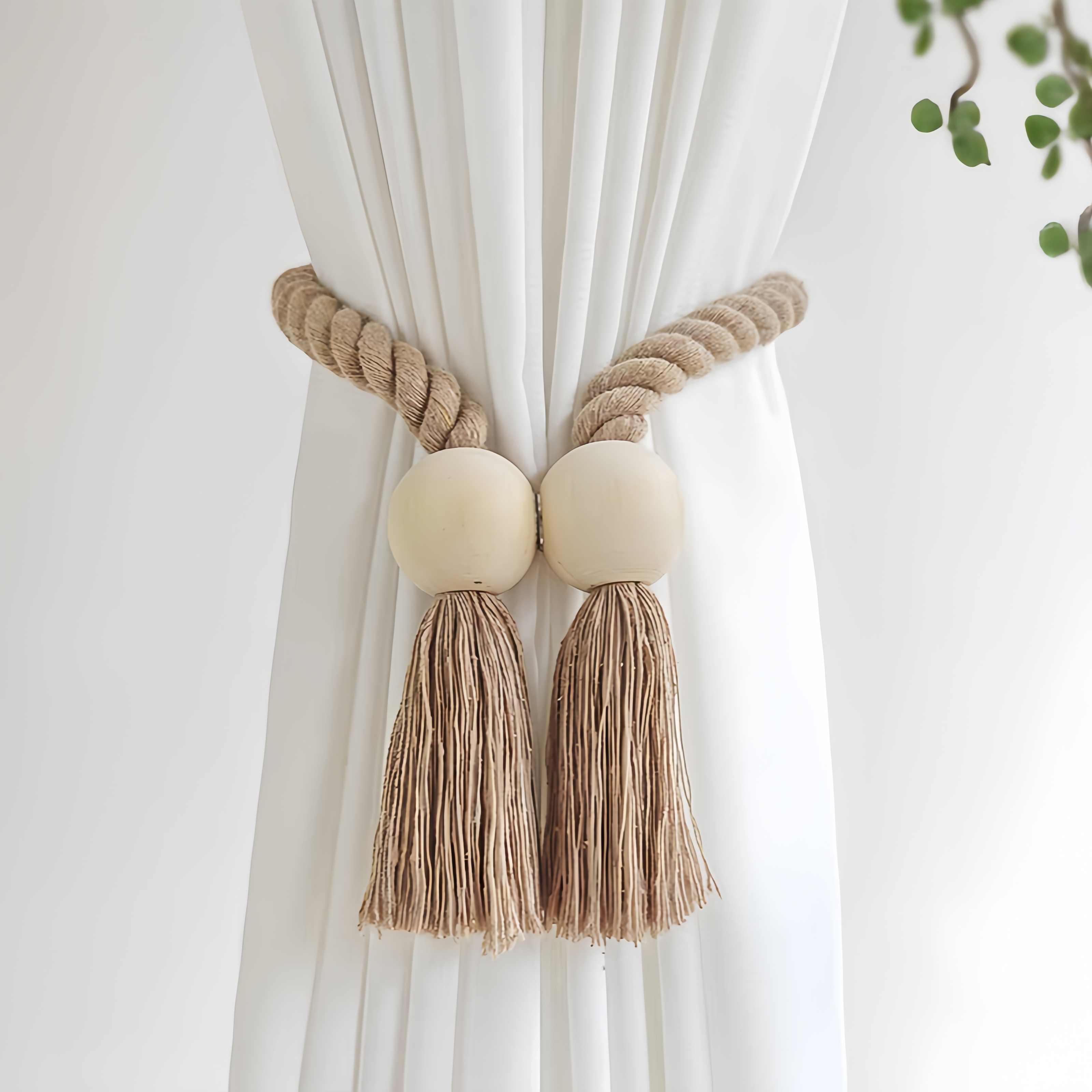 Amarre de cortina con nudo magnético de madera maciza tejido a mano con estilo Boho, adecuado para la decoración del hogar de la sala de estar y el dormitorio.