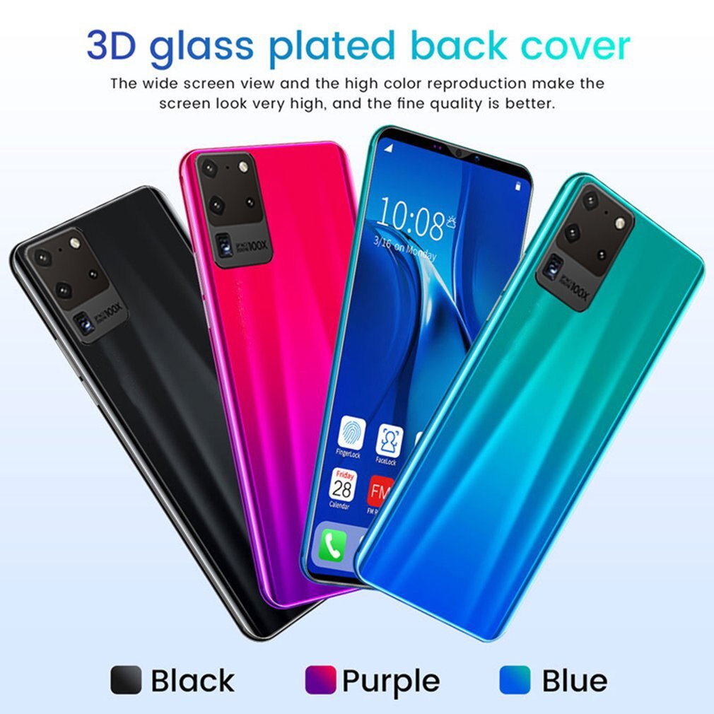 S20 pro smartphone 5.8 tommer skærm smartphone 512m+4g android smartphone 3d glasbelagt bagcover sort