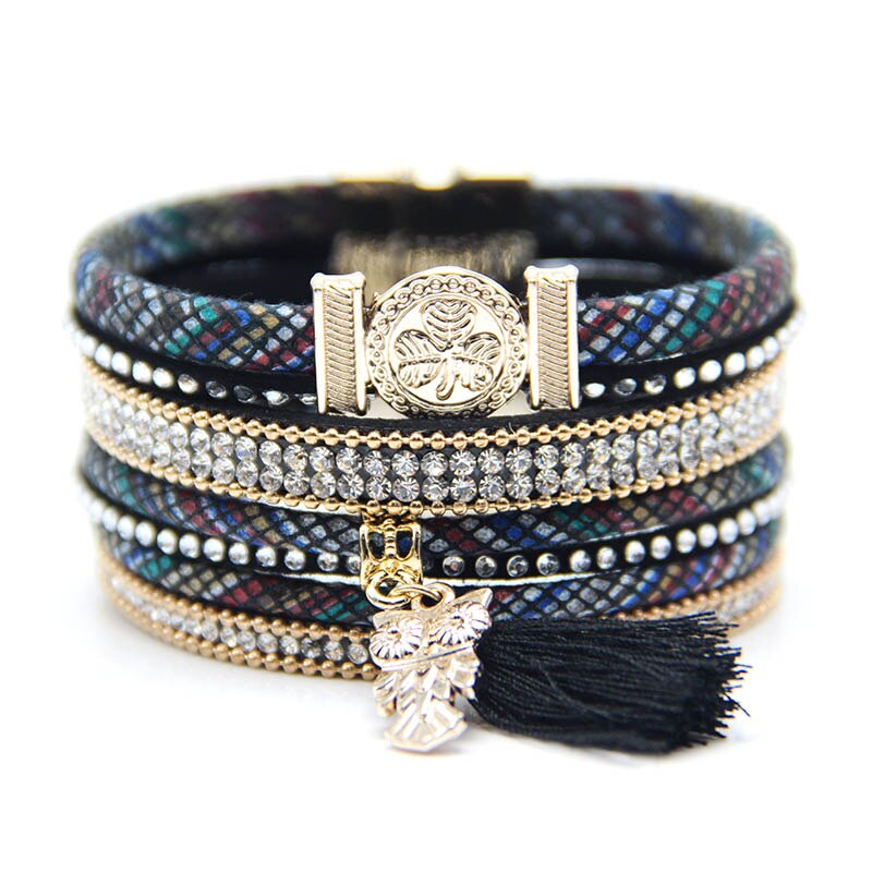 mode stijl armband uil charms armband met kwastje mode uil sieraden voor vrouwen: black