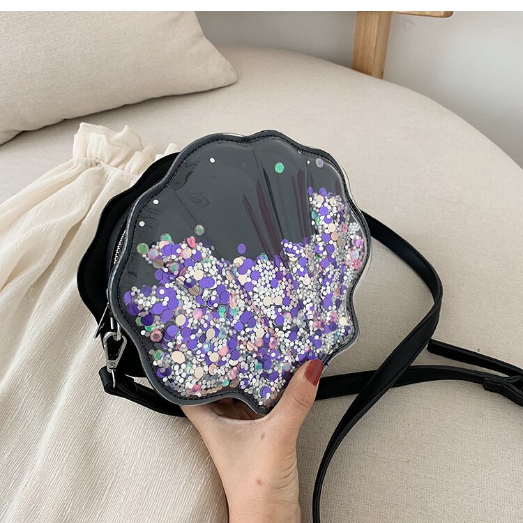 Vloeiende pailletten schelpvorm casual meisjes schoudertas tote crossbody tas dames buidel handtas dagelijkse clutch tas: Zwart
