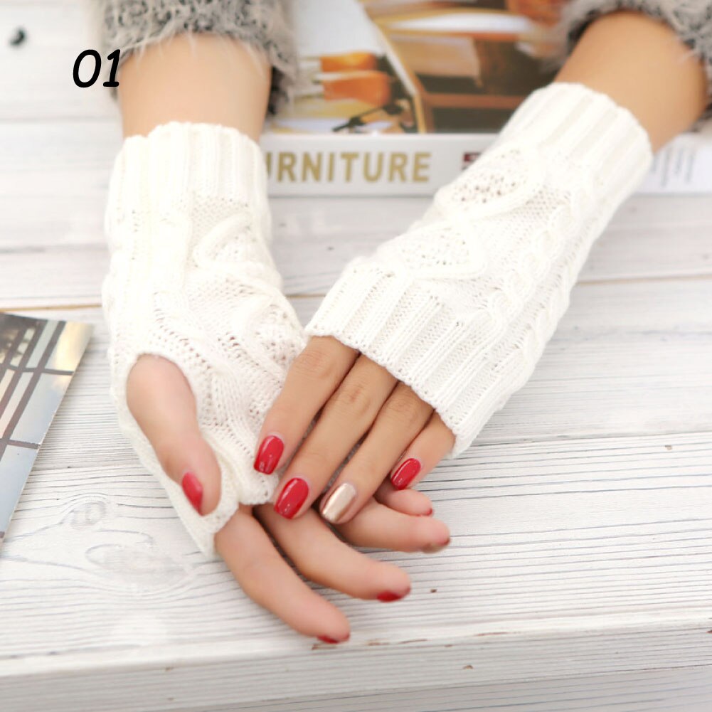Sparsil kvinder vinterstrik fingerløse handsker varm uld strikhandske 20cm jacquard halvfinger vanter elastisk kort håndledsbeskytter: 01 hvide handsker