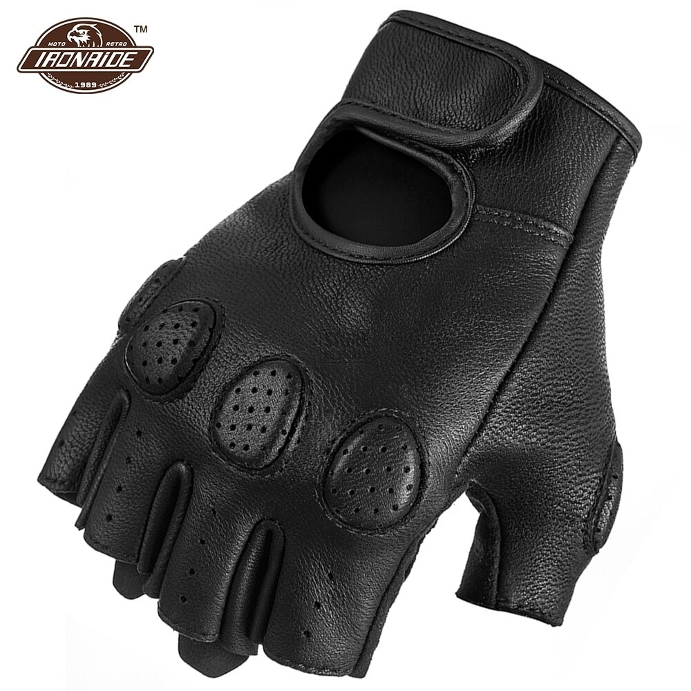 Breathable Fingerless Gloves Summer Motorcycle Gloves Sheepskin Motocross Gloves Retro Moto Motorbiker Guantes Moto: B03 Summer Gloves-BK / XXL