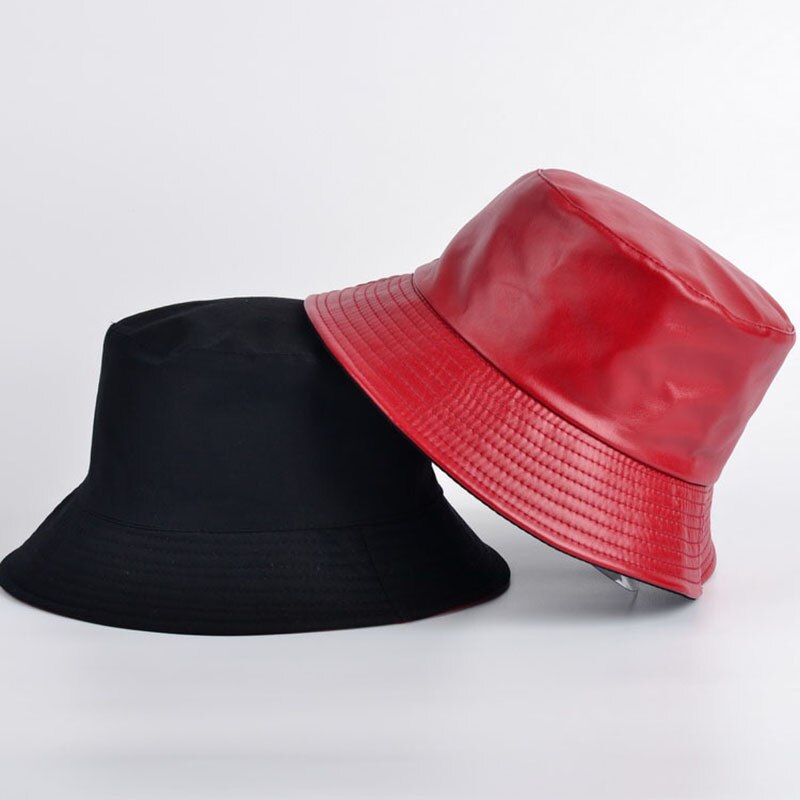 Spand hatte kunstlæder spand hat dobbeltsidet hat pu & bomuld solid top damer spand cap panama fisker cap: Rød