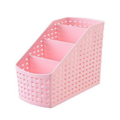 Office Stationery Holder, Four Compartment Plastic Rattan Plaited Desk Organizer Storage Holder for Office Desk: pink small