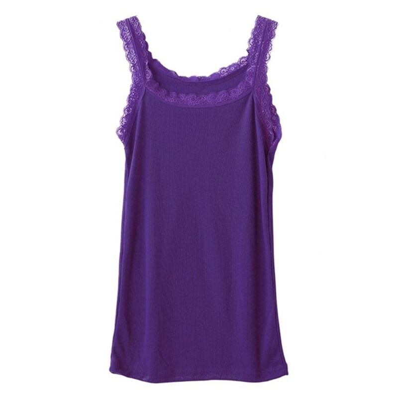 Vrouwen Zomer Mouwloze Tank Solid Candy Kleur Basic Hemdje Bloemen Kant Trim Geribbelde Gebreide Casual Ondergoed Slanke Vest: Deep Purple