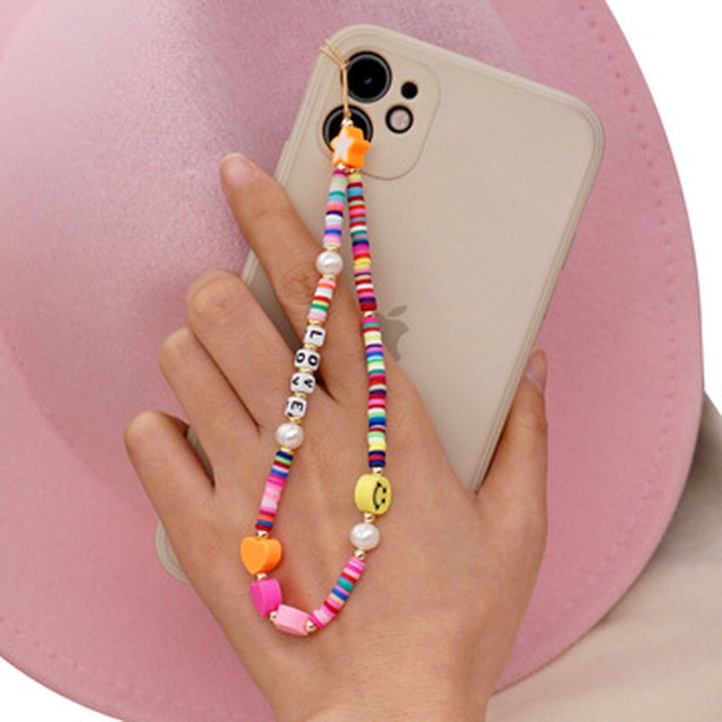 Mobiele Telefoon Strap Lanyard Kleurrijke Smile Pearl Liefde Brief Zachte Aardewerk Touw Voor Mobiele Telefoon Case Opknoping Koord Voor Vrouwen: D