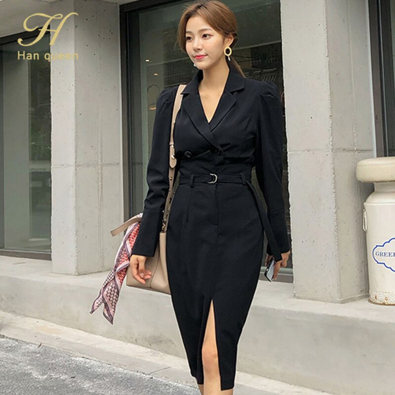 H Han Queen-Conjunto de 2 piezas de chaqueta y Falda de tubo de cintura alta para mujer, traje de trabajo coreano de invierno con doble botonadura: black / S