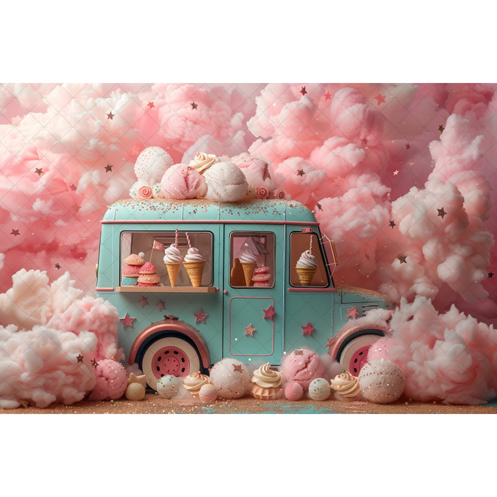 Photography Backdrop Pink Ice Cream Truck Dessert Kids Girls Birthday Poster Cake Smash Decor Background Banner Photo Studio: SKY BLUE / 150*300