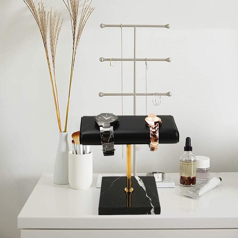 Jewelry Display Stand - Marble Base 10x10cm - Metal Rod 15x9cm - PU Leather - for Watches