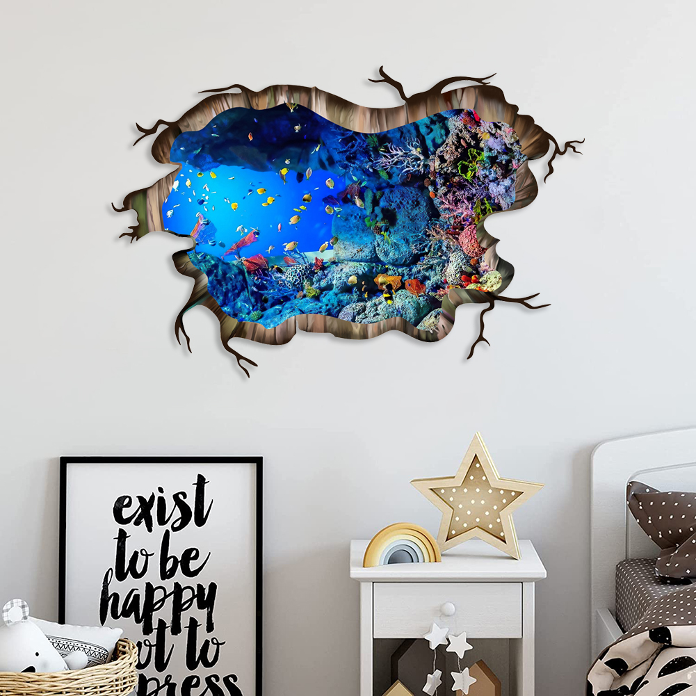 3D Underwater World Wall Decal Home Floor Stickers Decor Vivid Fish Sea Turtle Broken Animals Art Wall Decal