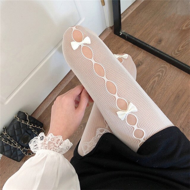 Pantimedias caladas con lazo para mujer, medias finas de encaje, de seda, color blanco y negro, para verano y otoño, novedad de: Blanco